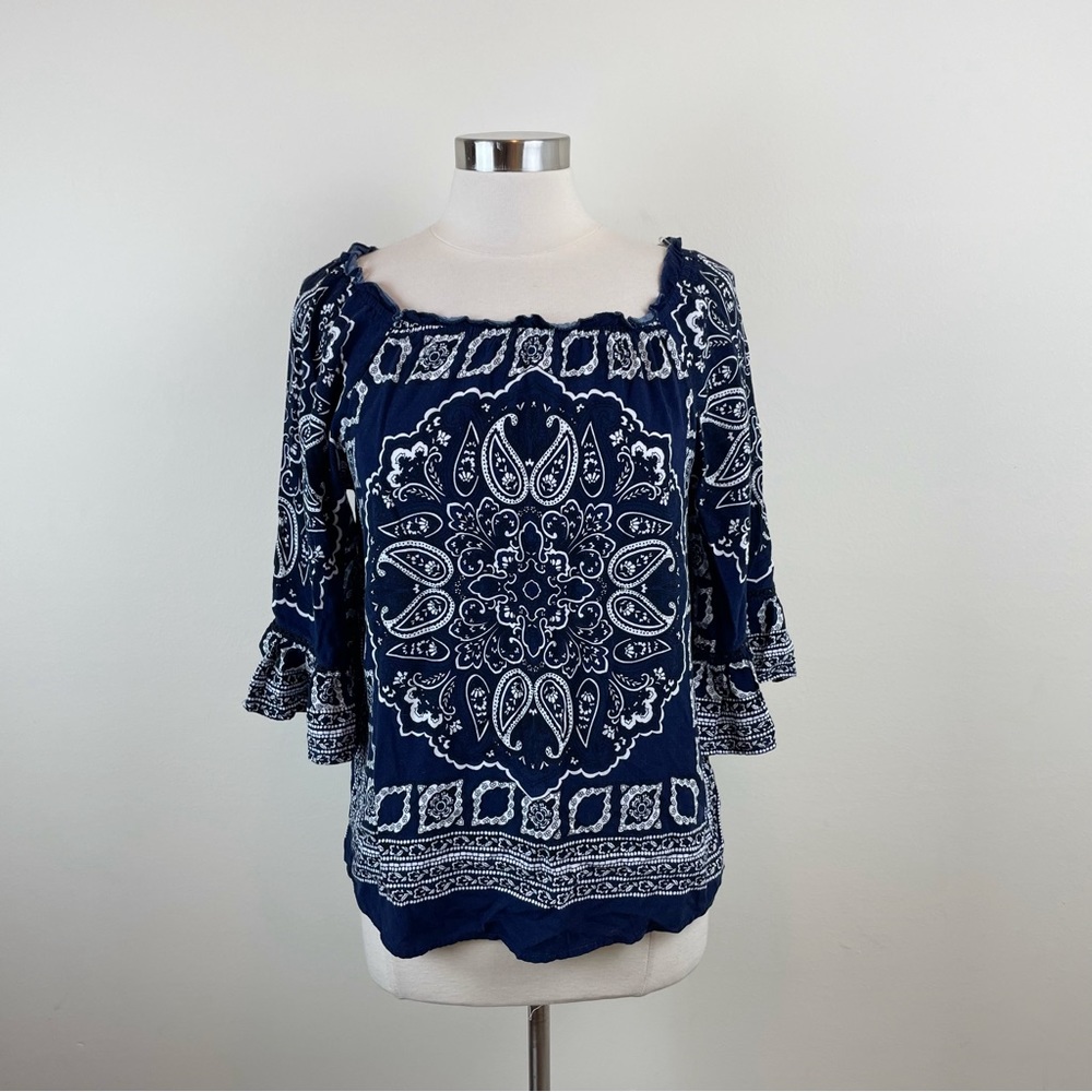 C est 1946 Navy Blue White Paisley Blouse Top Women Small